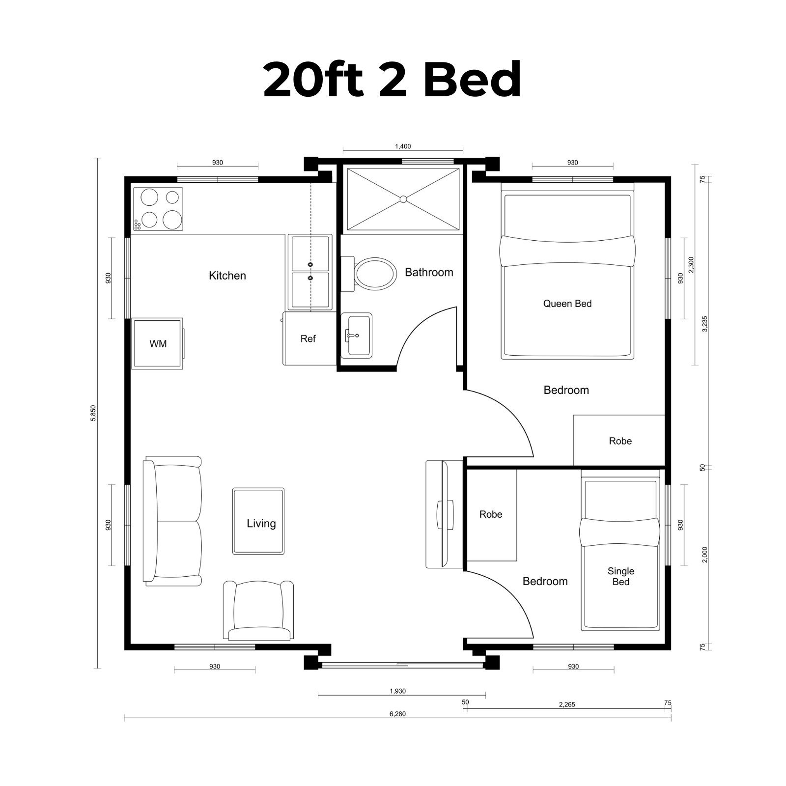 20ft two-bedroom expandable house floor plan
