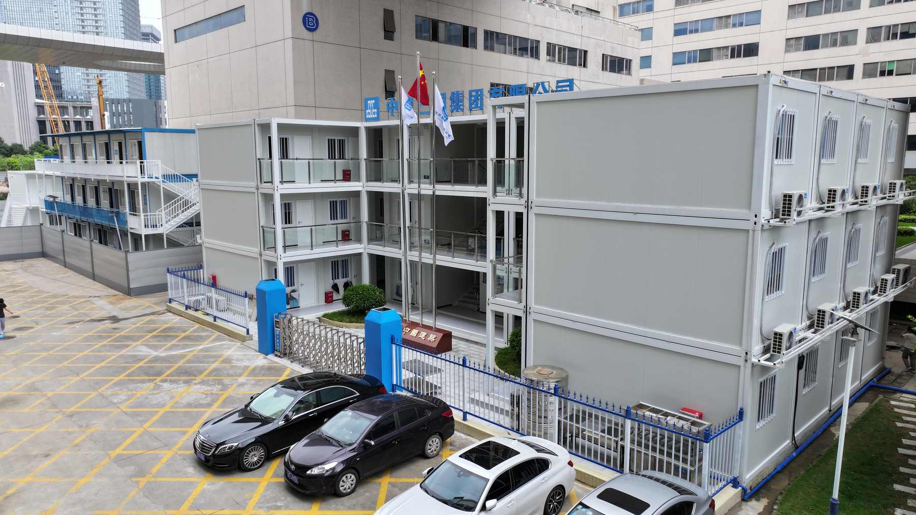 Completed three-floor modular office project exterior